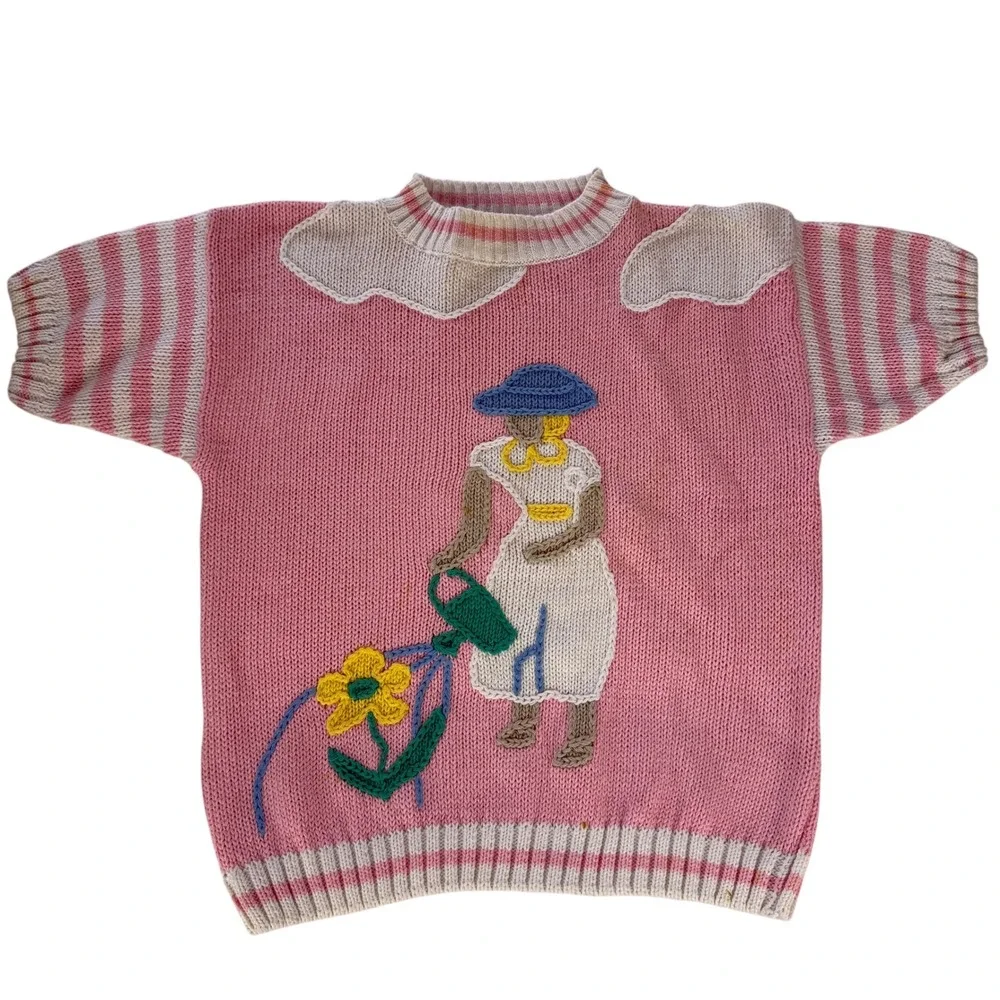 Koret Petites Vintage Pink Gardening Novelty Knit Short Sleeve‎ Sweater Medium